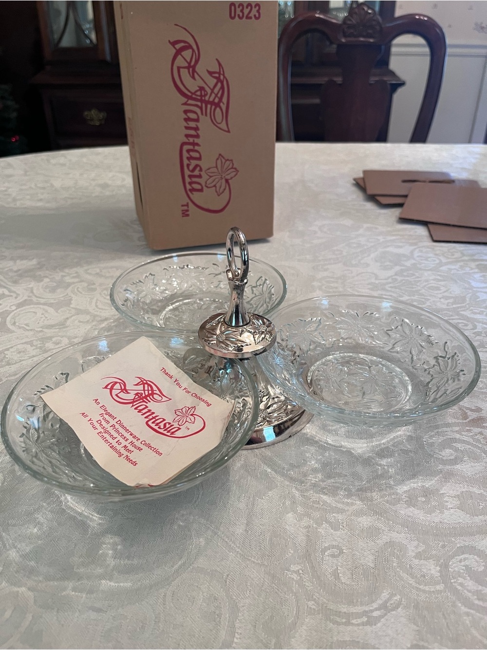 VTG NIB 1984 Princess House Fantasia 323 3-Bowl Serving Set Glass Floral Metal